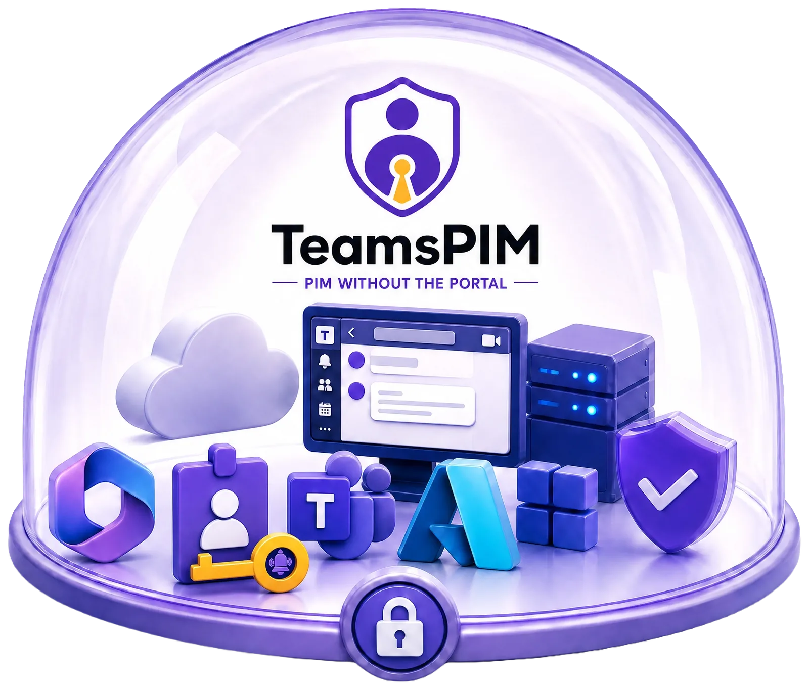 Illustration: the Microsoft ecosystem - Teams, identity and Azure services - unified under the TeamsPIM dome